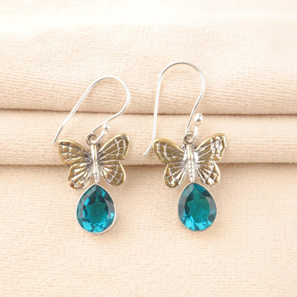 Apatite Gemstone 925 Sterling Silver Jewelry Butterfly Earrings 1.3" For Women EE-155-1