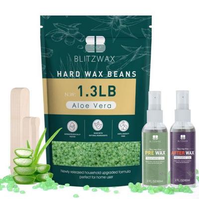Aloe Vera Hard Wax for Sensitive Skin Hair Removal 1.3 Lbs Beads 30 Wooden Sticks 2 Pre and Post Oils for Body 60ml
