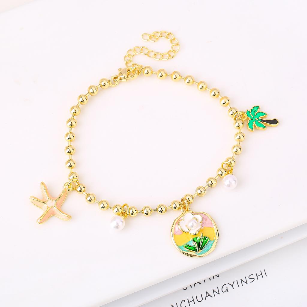Gold-Plated Starfish Coconut Tree Flower Copper Bead Chain Bracelet Fashion for Women Girls Party Vacation Beach Jewelry Gift