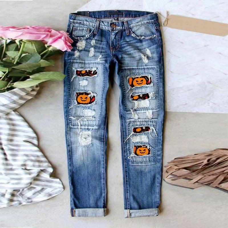 Hipster Halloween Pumpkin Funny Ripped Printed Jeans Women's Mid-Waist Straight Pants