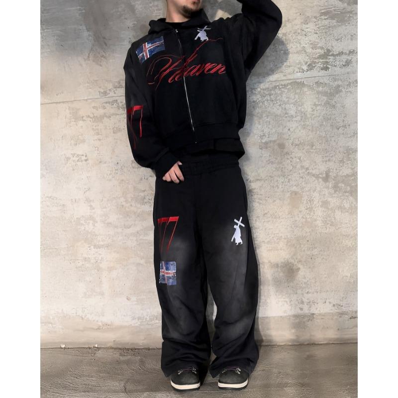 High Street Hip Hop Letter Graphic Print Zipper Cardigan Hoodies Men Y2K Popular White Trousers Sports 2-Piece Sets