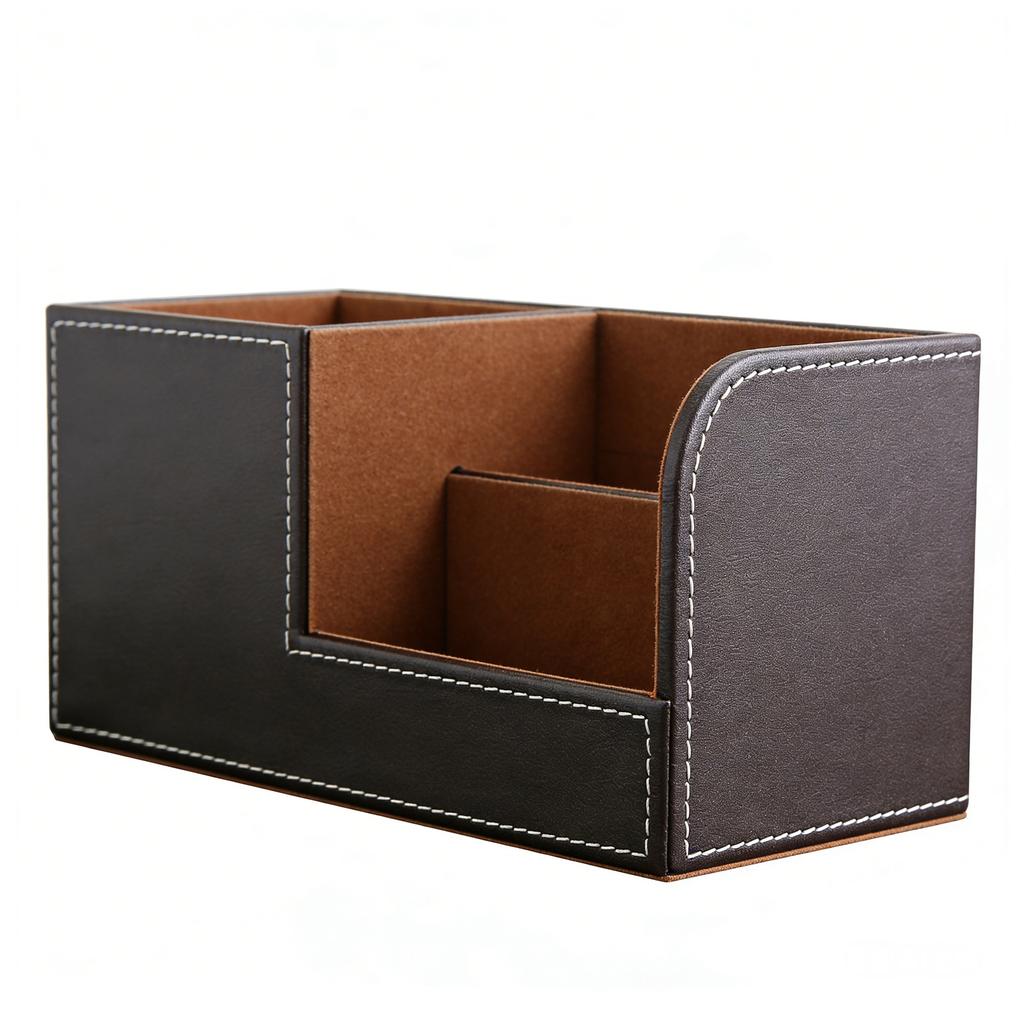 Desk Organizer Pen Holder PU Leather Multifunctional Tabletop Storage Box 3 Compartments for Office Home School Coffee