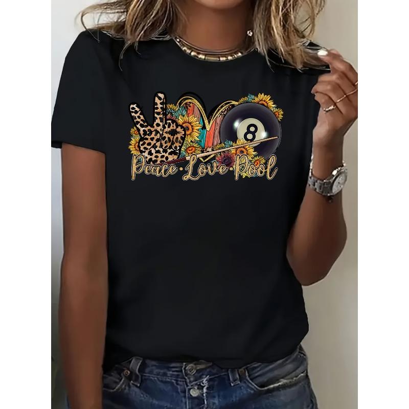 

European Size Women s Plus Size Billiards-Themed T-Shirt - Peace Love Pool 8 Ball & Leopard Print Pool Cues Design, Casual Short Sleeve Round Neck 4XL