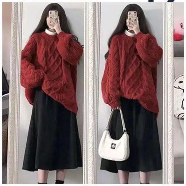 Women's crew neck twist knitted sweater new autumn and winter purple outer wear sweet sweater women's lazy outer wear top