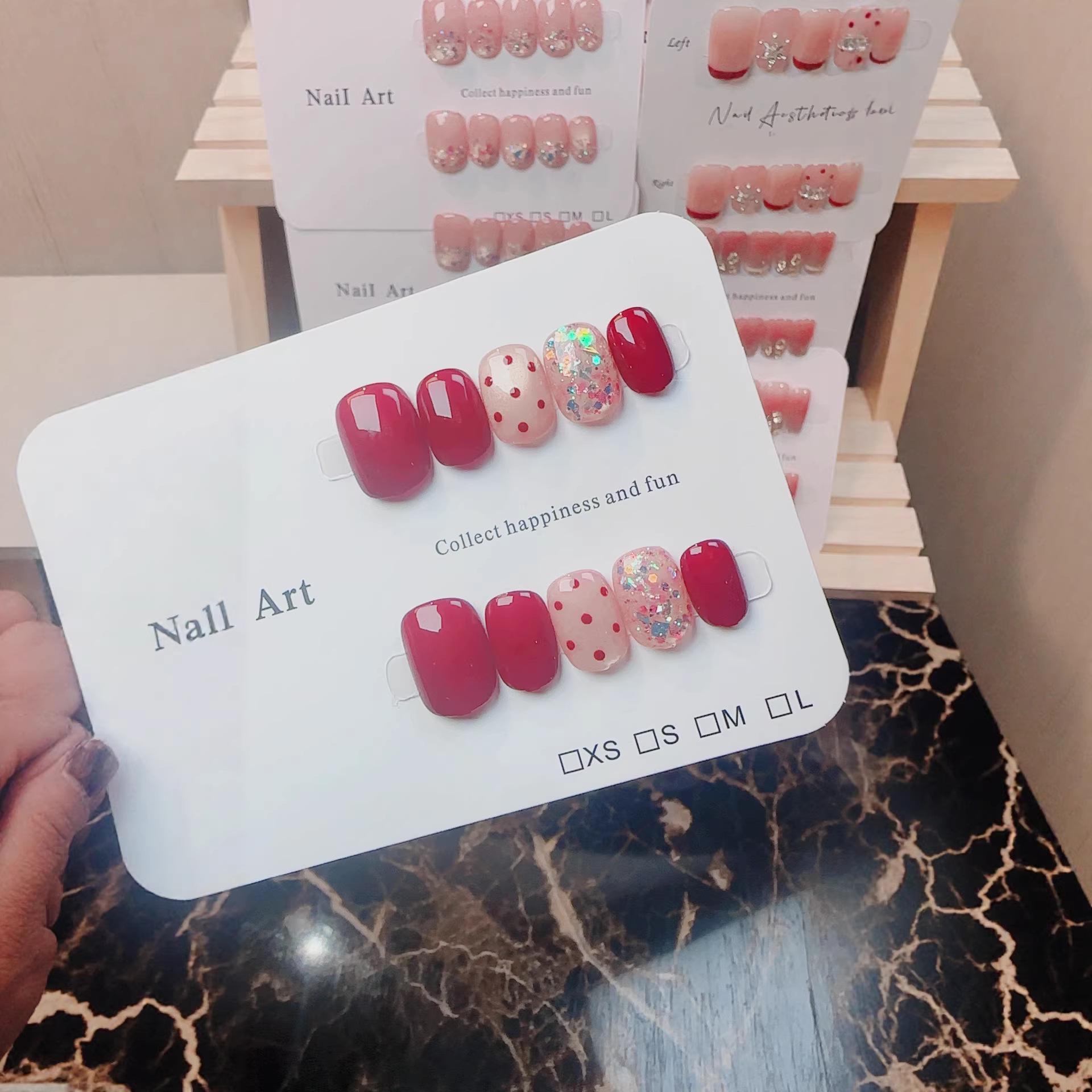 Red S11-09 3D Polka Dot Rhinestone Press-On Nails - Short, Shiny, Handmade Art Size M