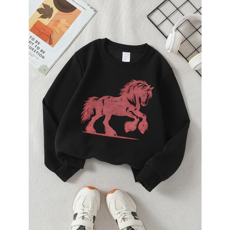 European sizes Kids' Crewneck Sweatshirt Red Horse Silhouette on White Backgroun , Sportswear And Casual Wear, Soft And Comfortable