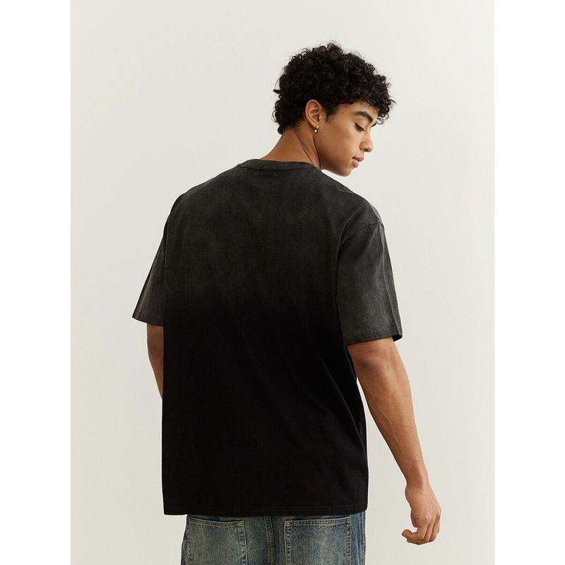Black of Exit National Trend Washed Gradient Distressed Loose Pure Cotton Short-Sleeve American High Street Heavyweight T-Shirt for Men and Women