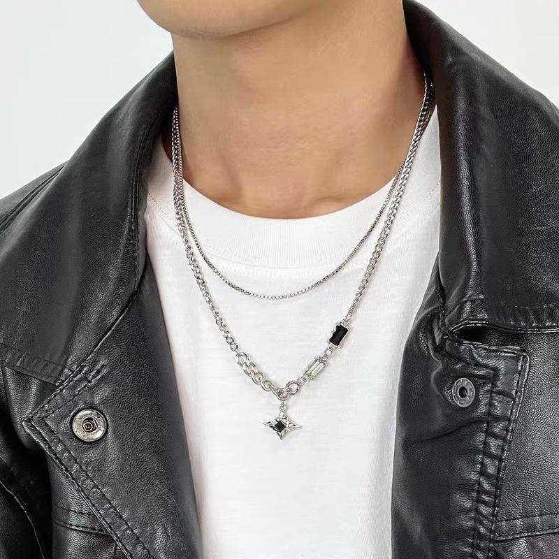 Men's Durable Titanium Steel Cuban Chain Necklace with Zircon Pendant