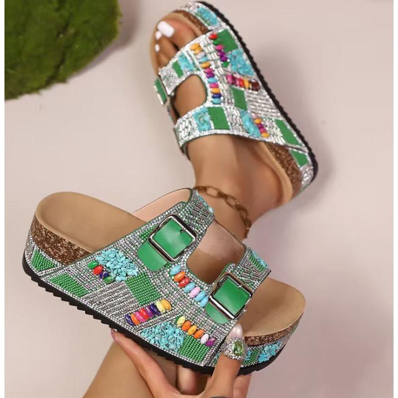 Spot Large Size New Thick-bottomed Rhinestone Double-buckle Beach Slippers Summer Foreign Trade Cork Cool Slippers Women