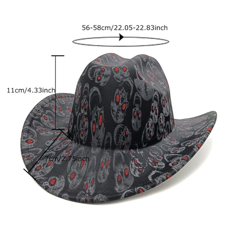 Elegant Punk Western Top Hat Wide Brims Fedoras Hat with Skull Pattern for Women Men Unisex Vintage Party Headwear