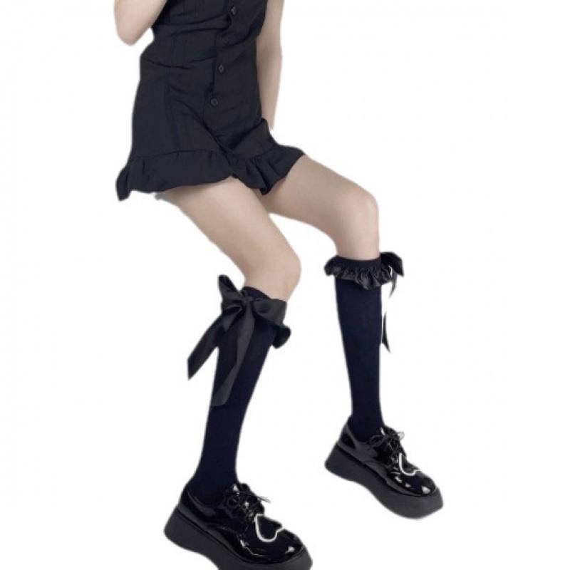 Girl Satin Lace Thigh High Socks Bow RibbonJKKnee High over--Knee Socks Japanese  Girl Calf
