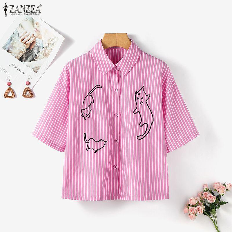 ZANZEA Women Turn Down Collar Loose Casual Short Sleeve Stripe Blouse