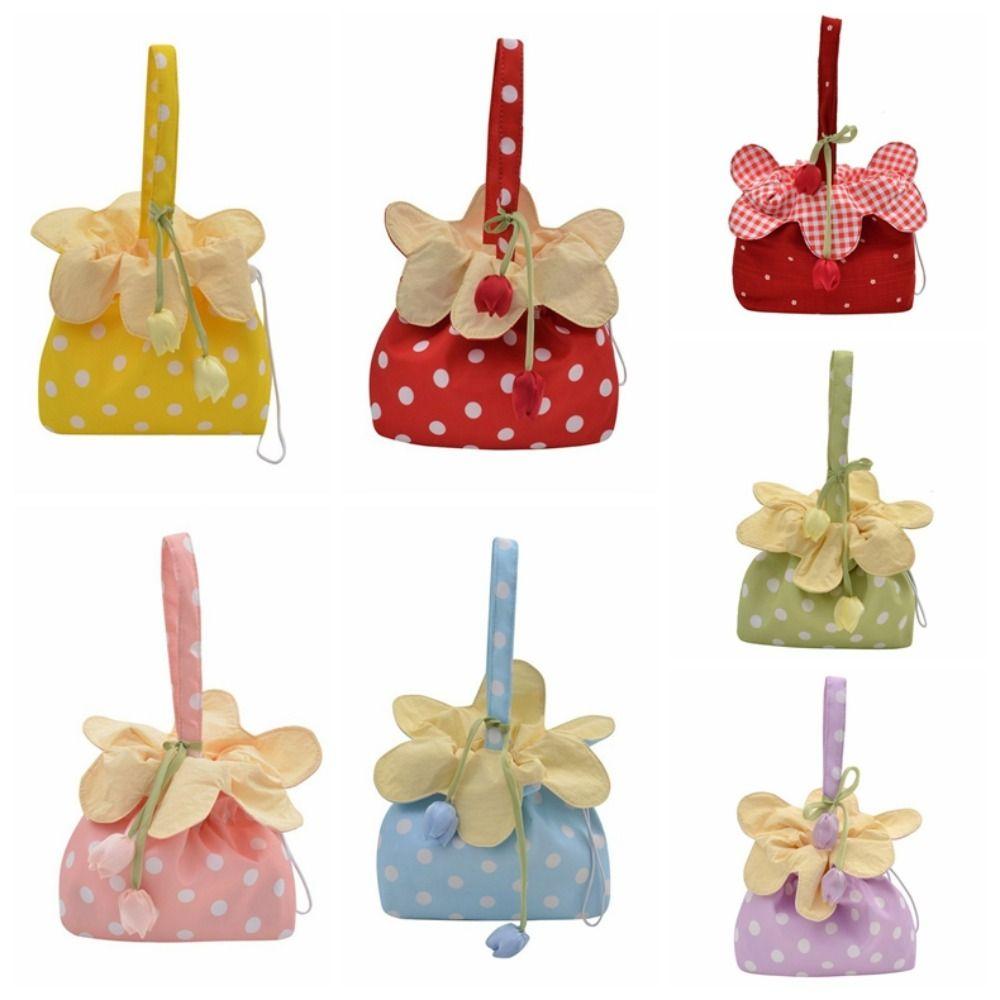 Floral Trim Flower Drawstring Crossbody Bag Flower Pendant Canvas Shoulder Bag Vacation