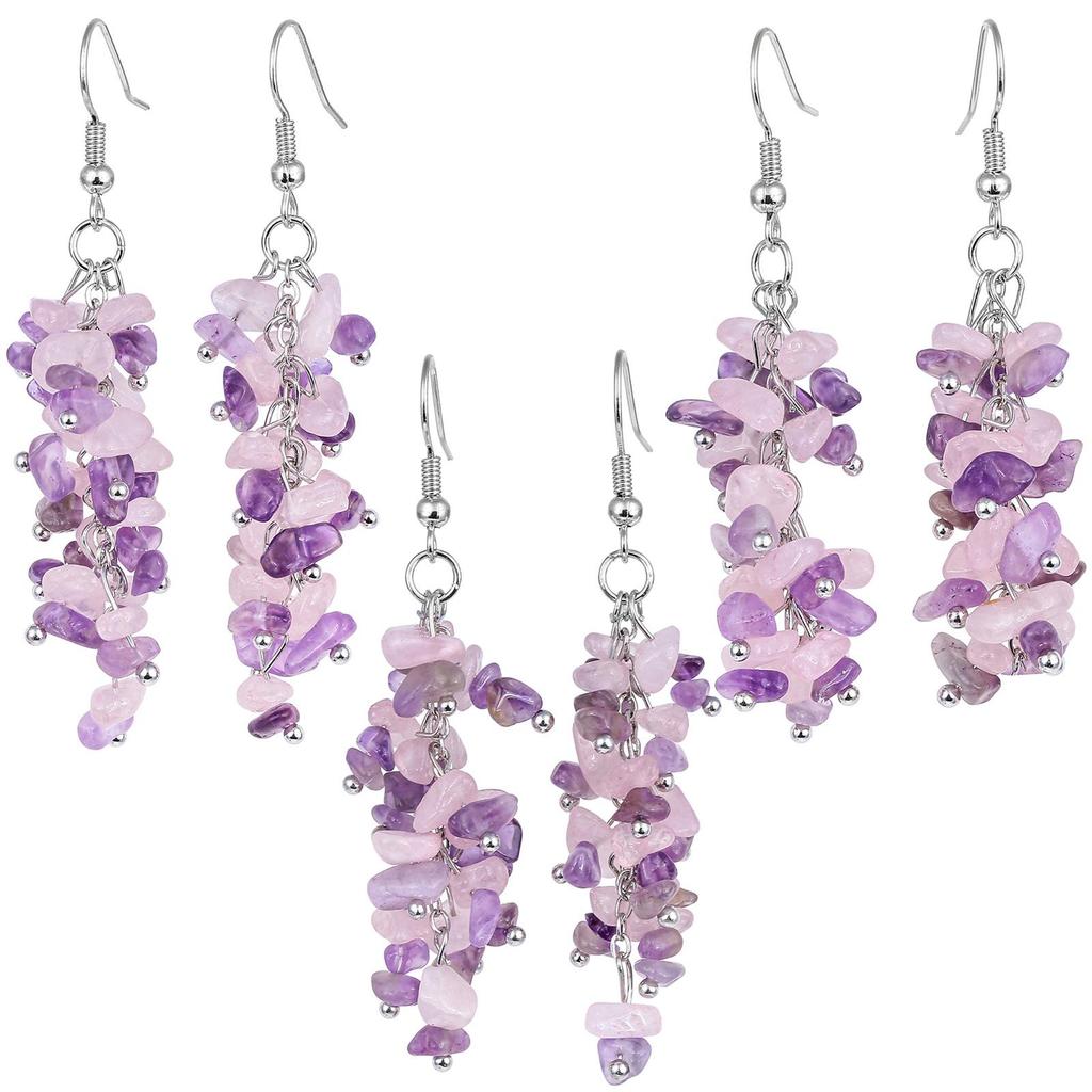 Natural Crystal Tassel Earrings with Irregular Gravel and Silver Hooks