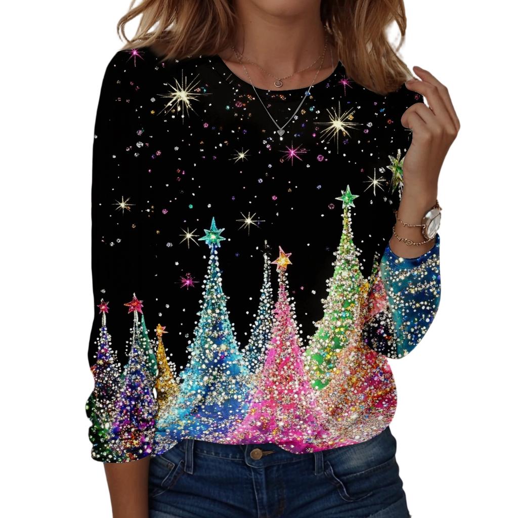 Women's Christmas Printed Long Sleeve Round Neck Top Casual Blouse