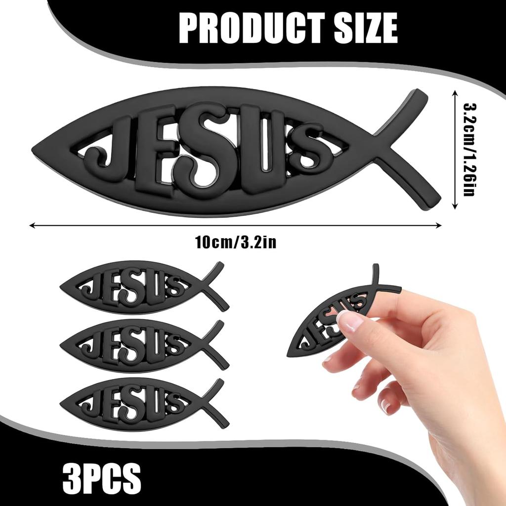 3 Pcs 3D Metal Jesus Christian Fish Decal Stickers, Self-Adhesive Scratch-Resistant Decals for Car Exterior, Trunk & SUV, Weatherproof Religious
