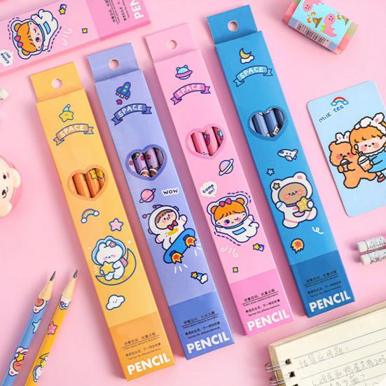 4Pcs Astronaut Cartoon Pencils Set Portable Space Theme Pencils with Eraser Head Safe Kids