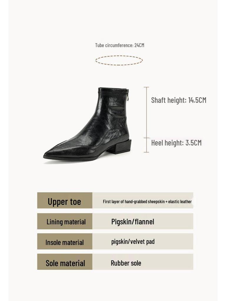 Women's Genuine Leather Sheepskin Ankle Boots - Pointed Toe, Chunky Heel, Back Zipper, 2025 New Stretch Sock Slim Boots