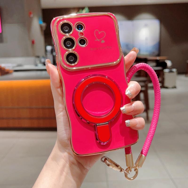 Wavy Frame Wrist Strap Phone Case for Samsung Galaxy S22 S23 S24 S25 Ultra Plus Edge A55 A54 A56 A36 A24 Silicone Soft Protective Cover Magnetic Stand