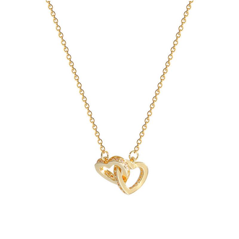 Gold Heart Double Ring Pendant Necklace - Women's Luxury Titanium Steel Clavicle Chain