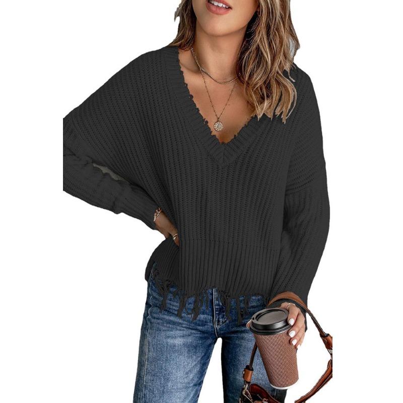 Autumn and Winter Fashion New Style Gray Cotton V-neck Long-sleeved Tassel Ripped Sweater, Casual Loose Blue Ladies Pullover Sweater  Top AL6101