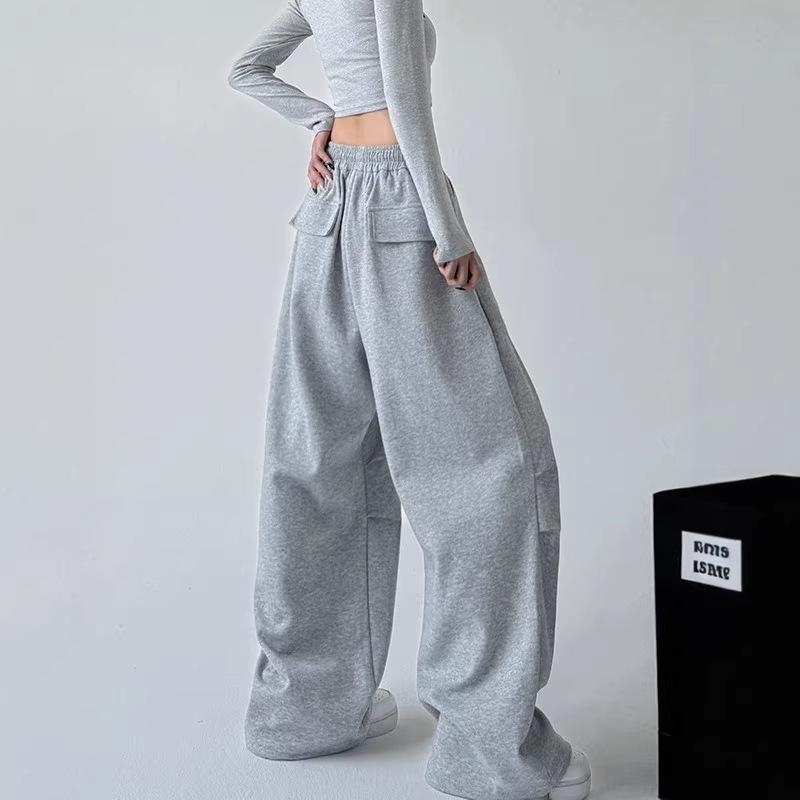 2025 Women's American-Style Grey High-Waist Cargo Sweatpants - Spring/Autumn Wide-Leg Loose Fit