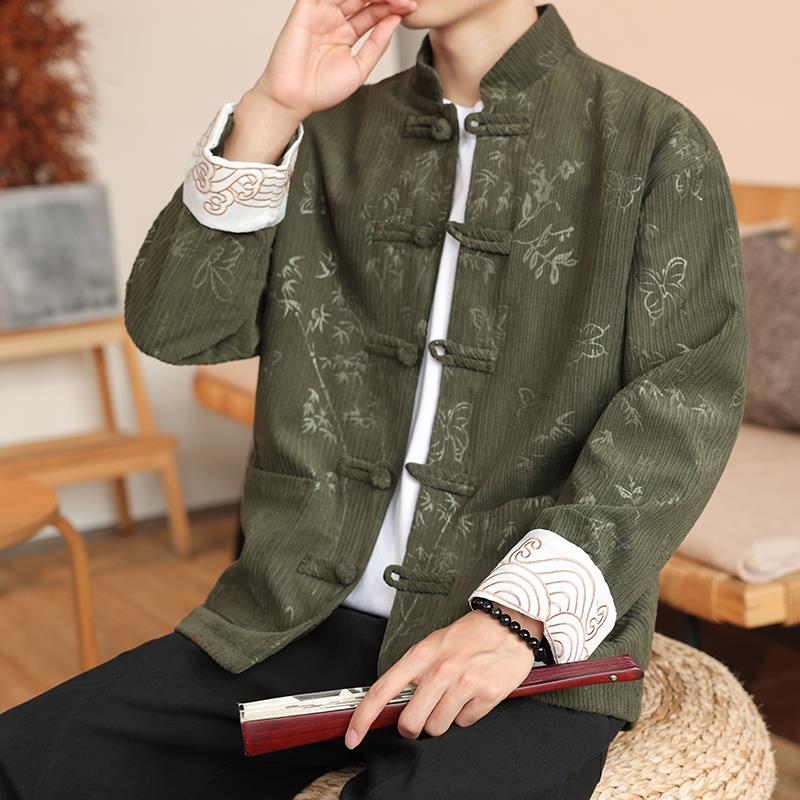 2025 Autumn Men Corduroy Tang Suit Men Chinese Traditional Red Coats Kung Fu Coat Male Festival New Year Retro Jacket Shirts