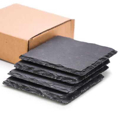 TOSSOW Natural Stone Slate Coasters Handmade Heat Resistant Insulated Quick Drying Set 4 Non-Slip Stylish Tea Trays Ins Style Black Square