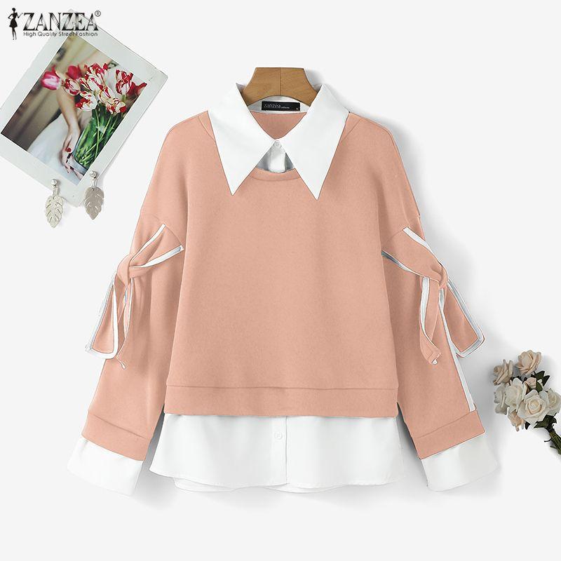 ZANZEA Sweat-shirts décontractés pour femmes à col rabattu, manches longues et patchwork