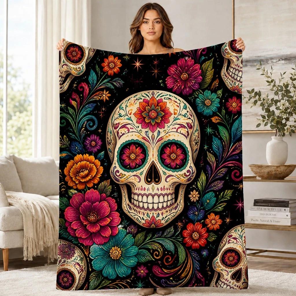 Floral Sugar Skull Coral Fleece Blanket Day Of The Dead Decor