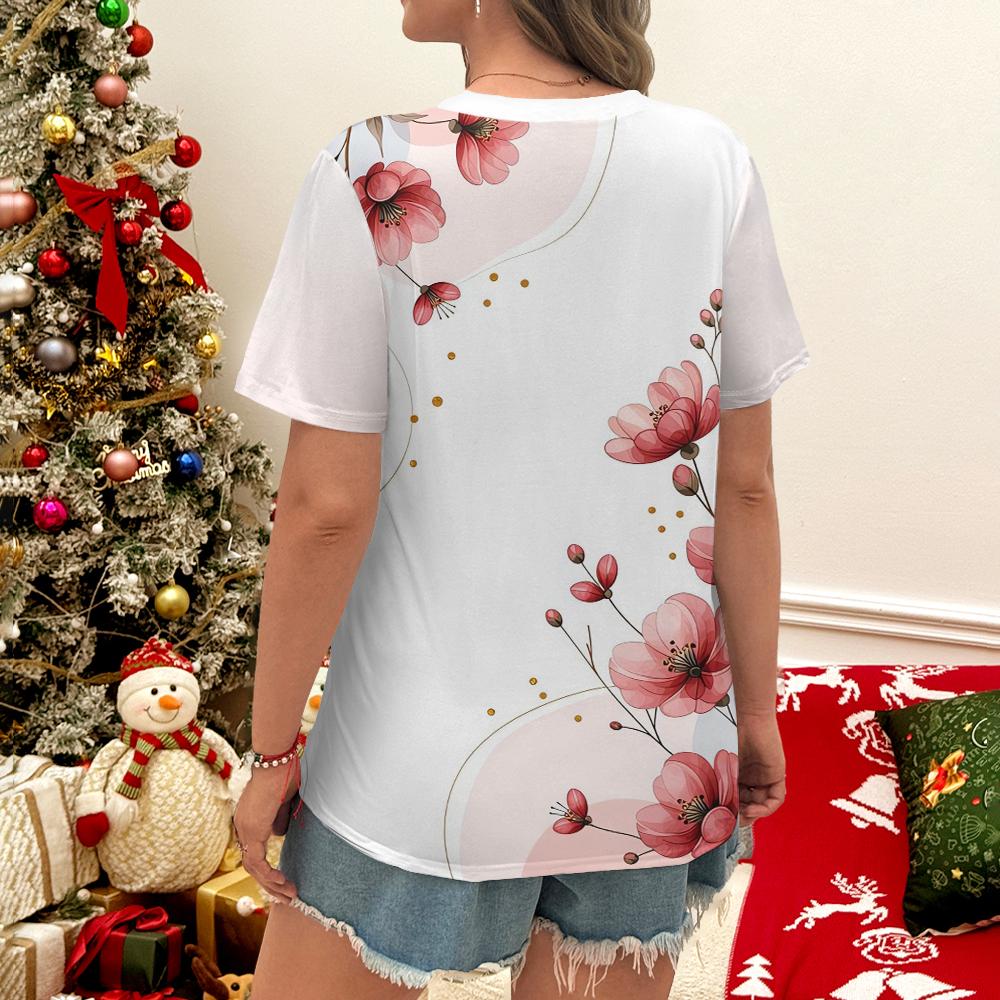 Fashion and Artistic Style Blue Floral Red Floral Print Daily Casual Women's Short Sleeved T-shirt