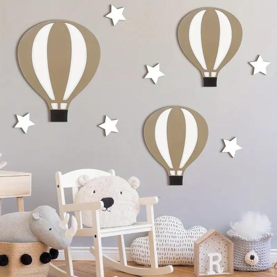 9Pcs/Set Hot Air Balloon Wall Decoration Farmhouse Rustic Wooden Balloon Star Wall Art Self-adhesive Home Office Living Room Wall Hanging Ornament