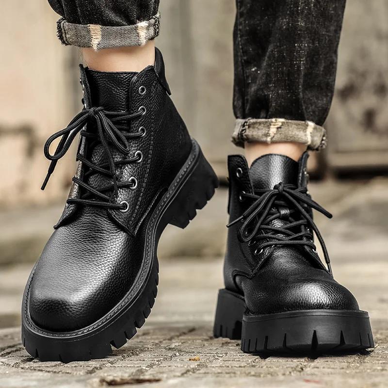 New Luxury Brand Black Men Genuine Leather Boots Fashion Lightweight Biker Boots Men Comfy Casual Outdoor Antiskid Ankle Boots