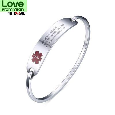 Pulseras y brazaletes médicos con grabado gratuito, joyería de identificación para mujeres, acero inoxidable, metal, no alérgico
