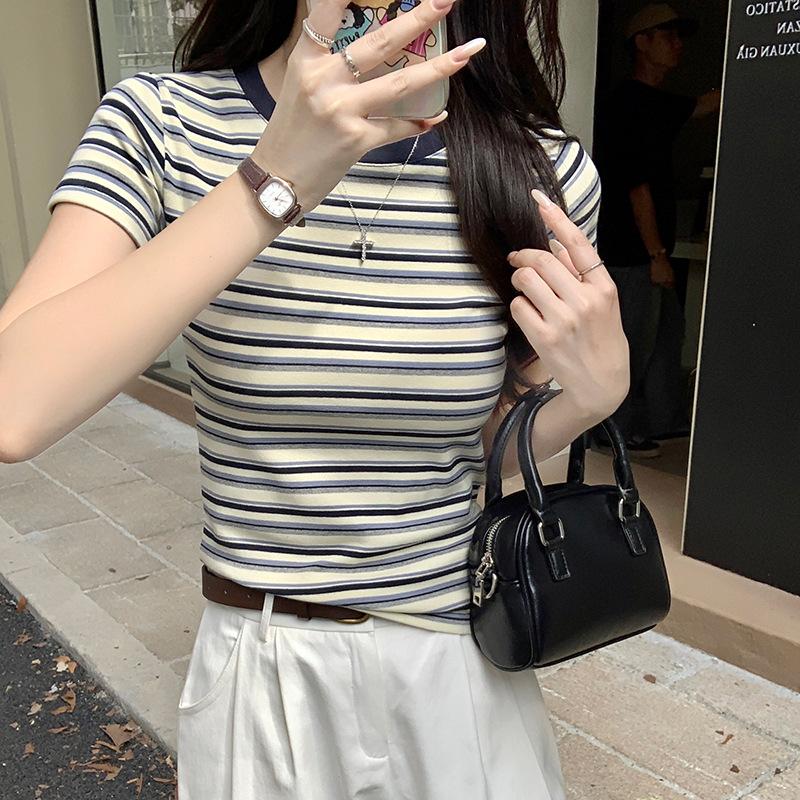 American retro chic striped T-shirt women s summer contrasting color design sense age-reducing slim bottom top front shoulder short sleeves S
