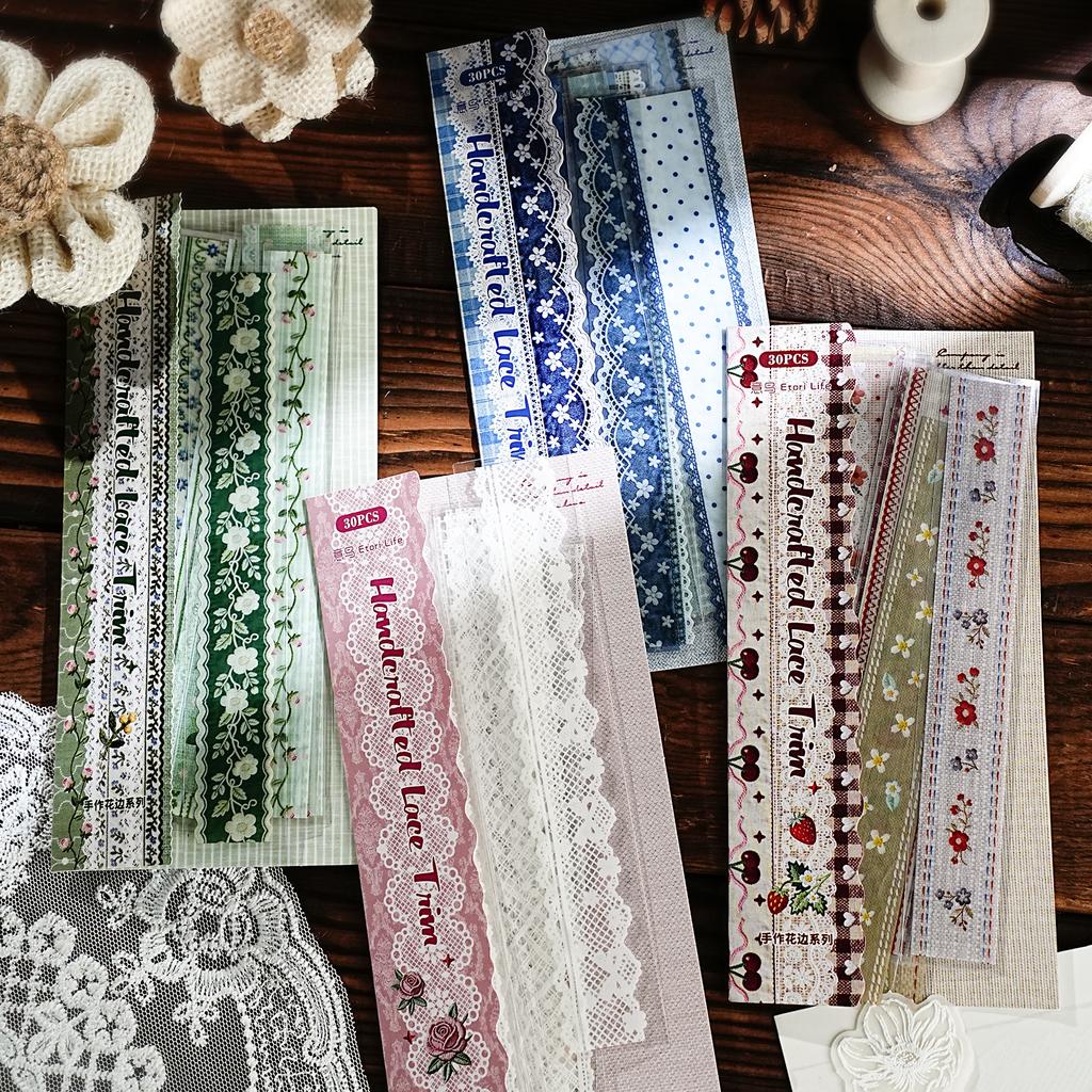 30pcs Handbook Lace Series Creative Retro Lace Ribbon Strip Stickers Scrapbook DIY Aesthetic Material Stationery Stickers