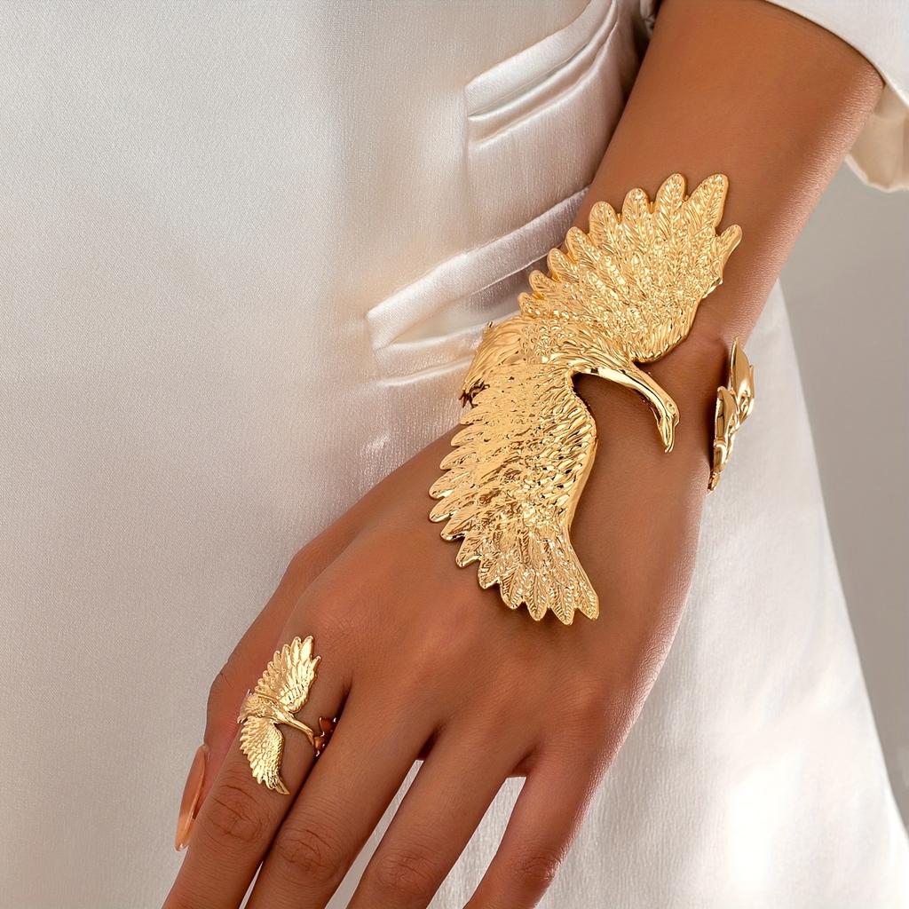 Individuality Exaggerated Punk Style Designed Eagle Open Ring Glossy Ring, Niche Retro Floral Geometric Jewelry Set