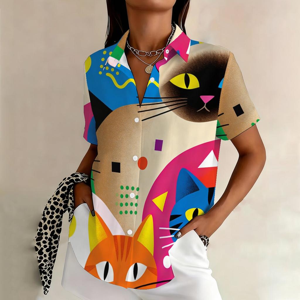 Summer Women's Plus Size Art Collage Cat Short Sleeve Shirt, Cute & Healing, Creative & Eye-Catching, For Parties Casual Wear