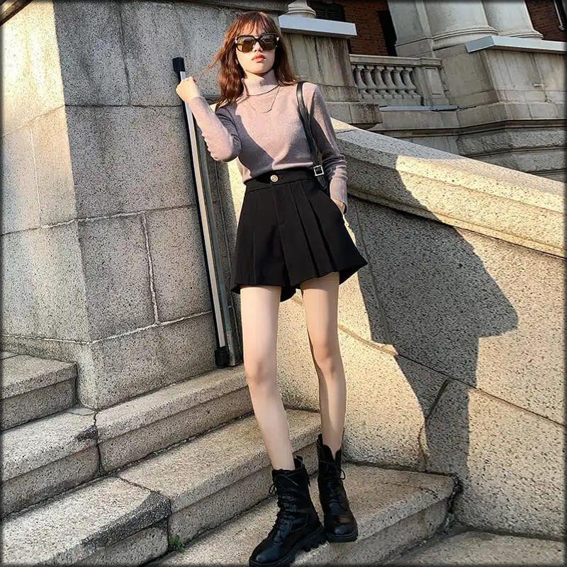 Simplicity Fashion Autumn New Women Zipper Button Pleated Korean Casual High Waist Loose Straight A-line Wide Leg Shorts Skirts