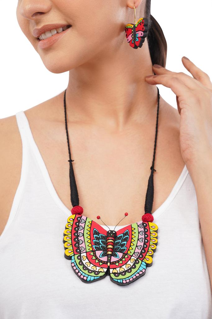 Handmade Clay Butterfly Necklace Earring Set