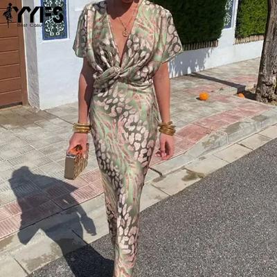 Vestidos casuales de cintura alta con escote en V y manga corta con estampado de bloques de colores para verano y primavera para mujer