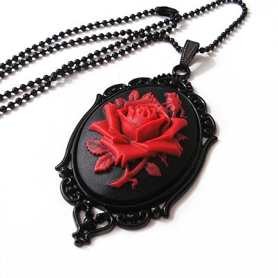 Vintage Gothic Black & Red Rose Necklace