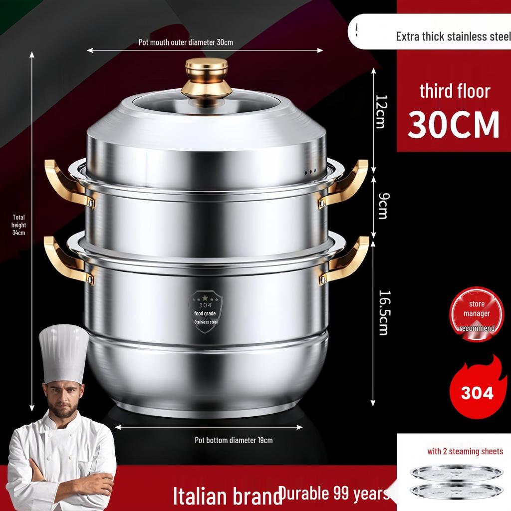 Großvolumiger Dampfkochtopf aus 316 Edelstahl mit 2/3/4 Einsätzen für Suppe, Mantou und Fisch