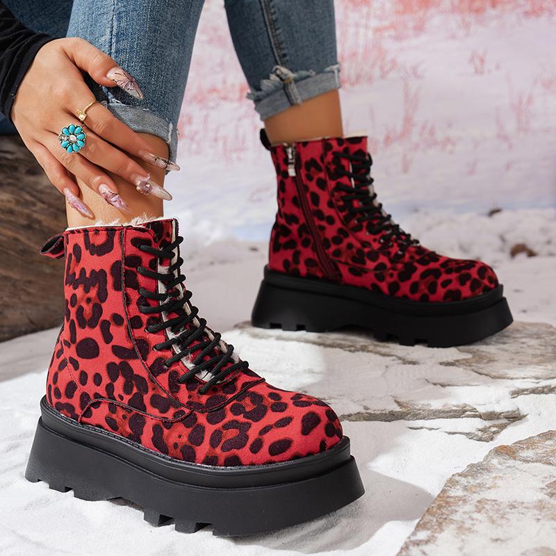 Lucyever Punk Leopard Print Combat Boots Women Fashion Chunky Thick Plush Ankle Boots Woman  Lace Up Platform Booties Mujer