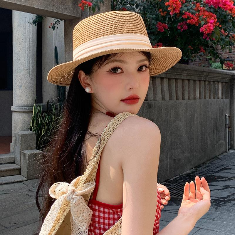 French flat-top sunshade straw hat women's summer new sunscreen hat beach hat seaside vacation photo sun hat