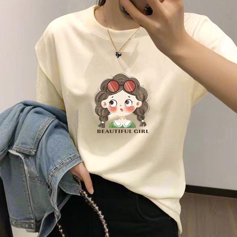 

2025 лето новый короткий рукав круглый вырез чистый хлопок белый плечевой футболка женская свободная европейская топ футболка ins тренд S