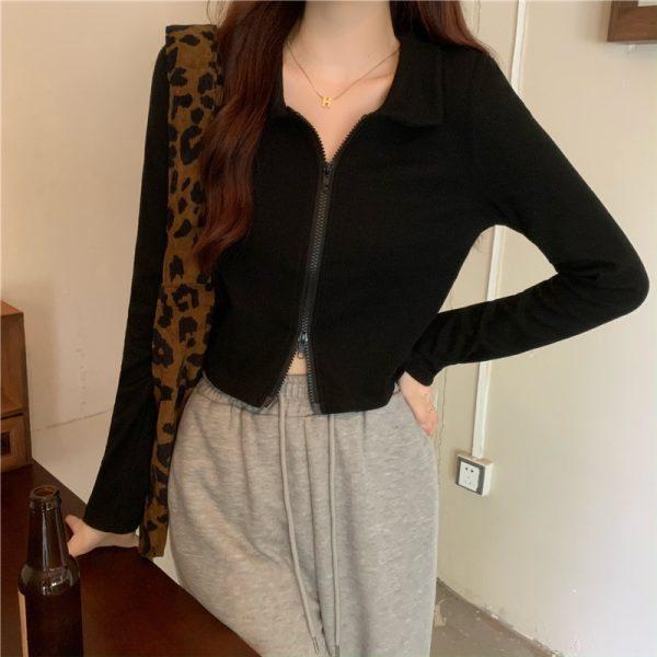 New Autumn Polo Collar Double Zipper Cardigan Long-sleeved T-shirt for Women's Design Short Cucumber Top