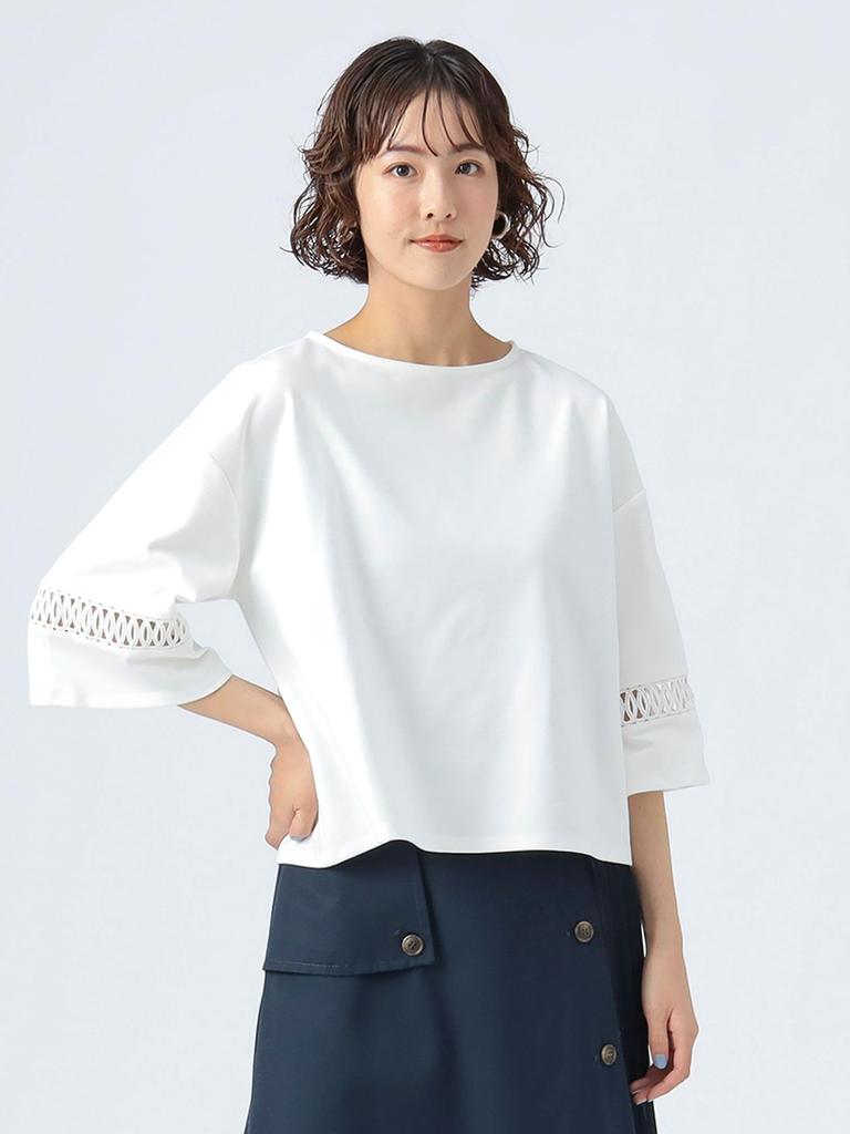 Beams Heart Tee with Lace Sleeves and Ponte Off One Size Women's L/S Pullover, White,
