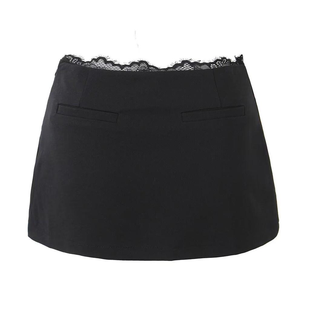 European Lace-Trim High-Waisted Bodycon Mini Skirt with Safety Shorts