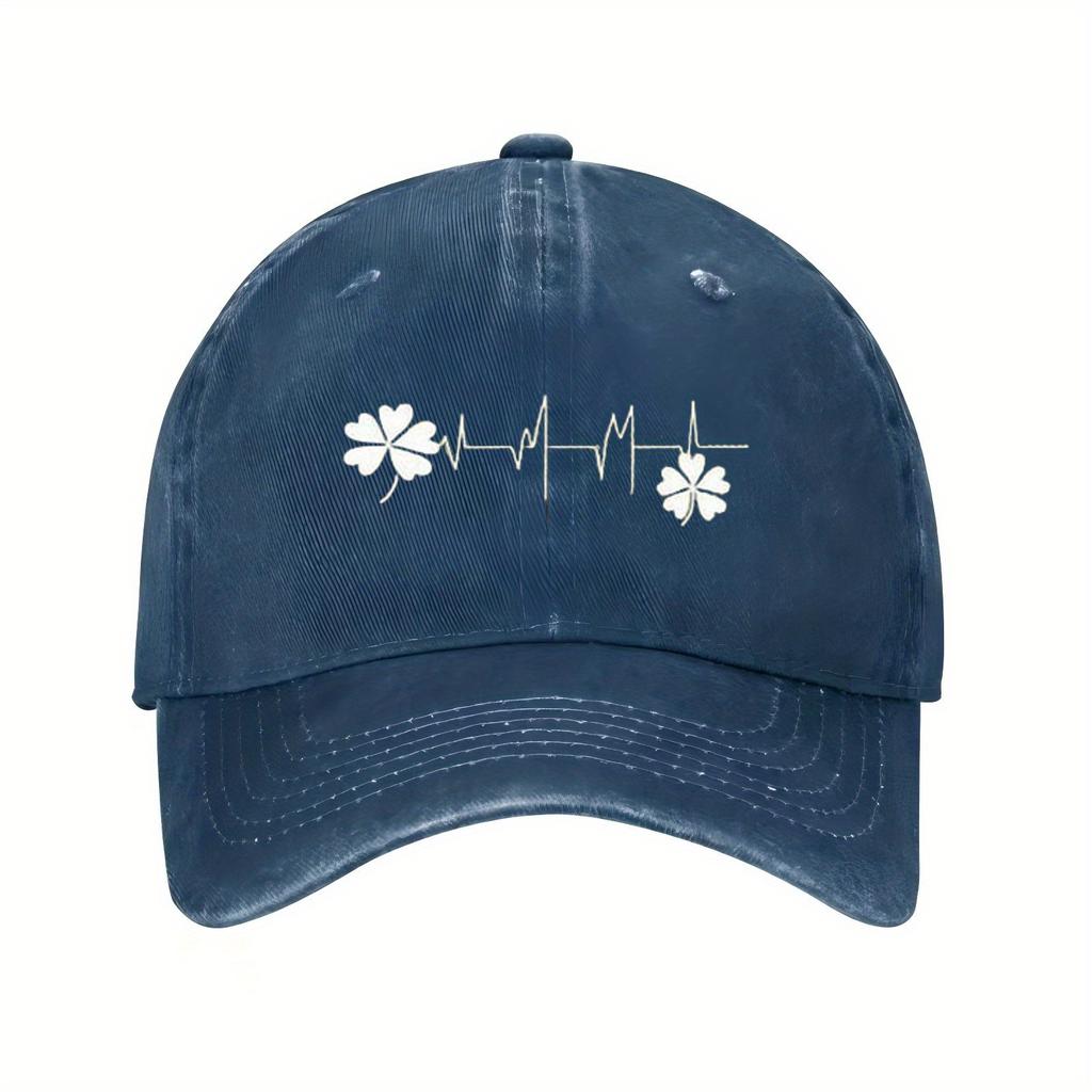 Four Leaf Clover Heartbeat Baseball Cap Unisex Polyester Casual Sporty Outdoor Adjustable Hat